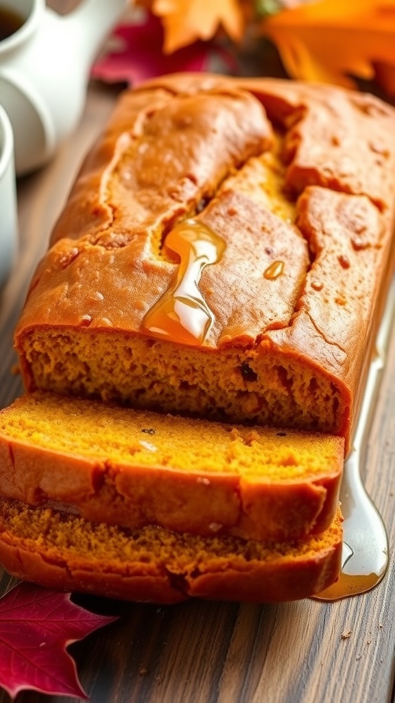 Maple Syrup Pumpkin Bread Recipe A loaf of pumpkin bread with maple syrup, sliced to show its texture, on a rustic table with autumn decorations.